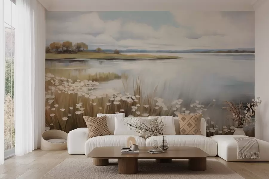 murales de pared Paisaje con textura, campo de flores blancas y hierba alta, un lago al fondo, una colina cubierta de hierba con árboles, colores suaves w09530