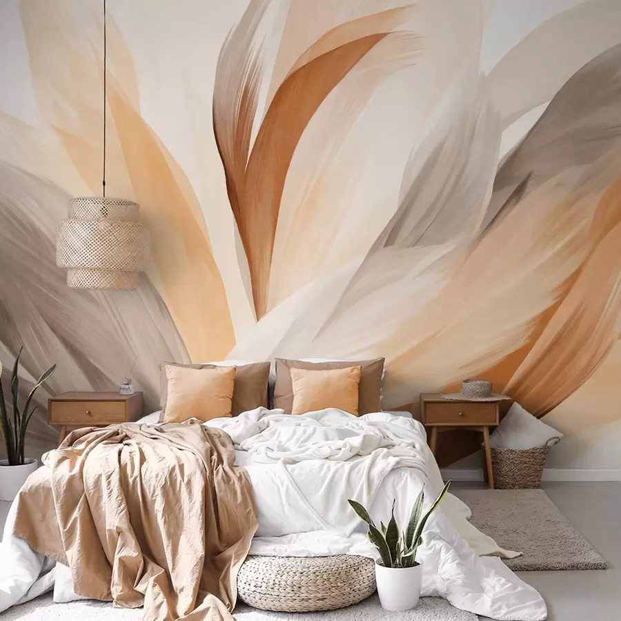 murales de pared Plumas abstractas con textura en marrón, blanco y gris y varios tonos, superpuestas sobre un fondo blanco w09531