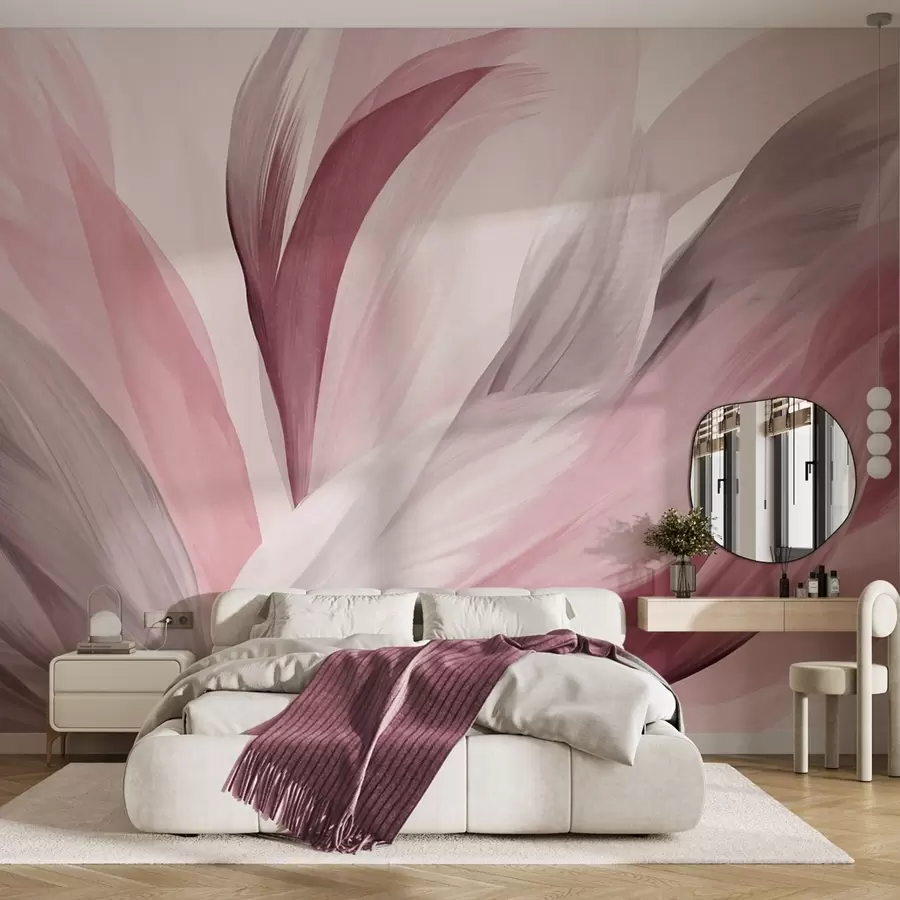 murales de pared Plumas abstractas con textura en rosa, blanco y gris y varios tonos, superpuestas sobre un fondo blanco w09531v2