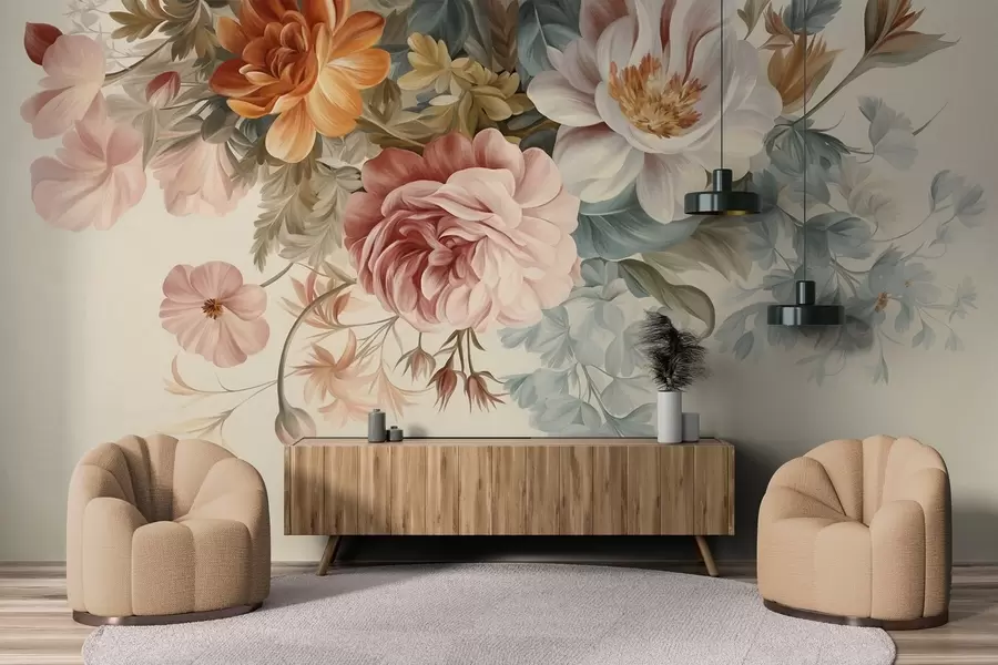 murales de pared Arreglo floral vintage con rosas, peonías y otras flores con textura y follaje, sobre un fondo claro w09532