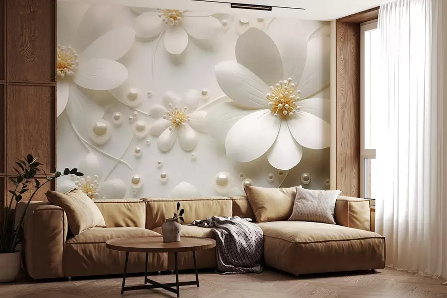 murales de pared Flores blancas con perlas esparcidas sobre un fondo blanco, diseño elegante y minimalista, con textura w09535