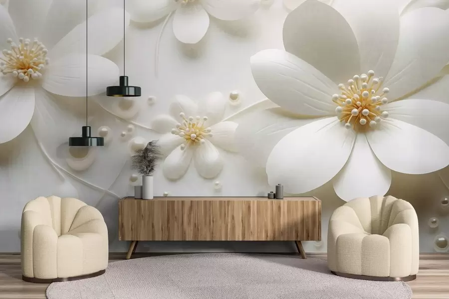 murales de pared Flores blancas con perlas esparcidas sobre un fondo blanco, diseño elegante y minimalista, con textura w09535