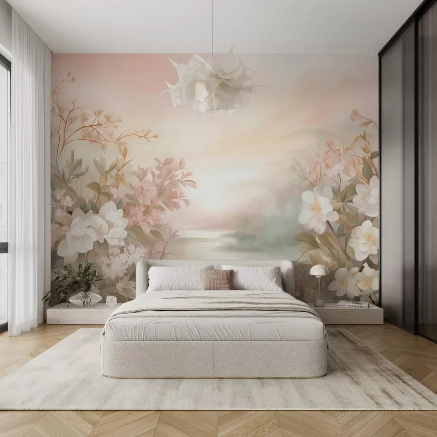 murales de pared Un paisaje con un río rodeado de flores y plantas, colores suaves, cielo rosado, estilo con textura de acuarela w09537