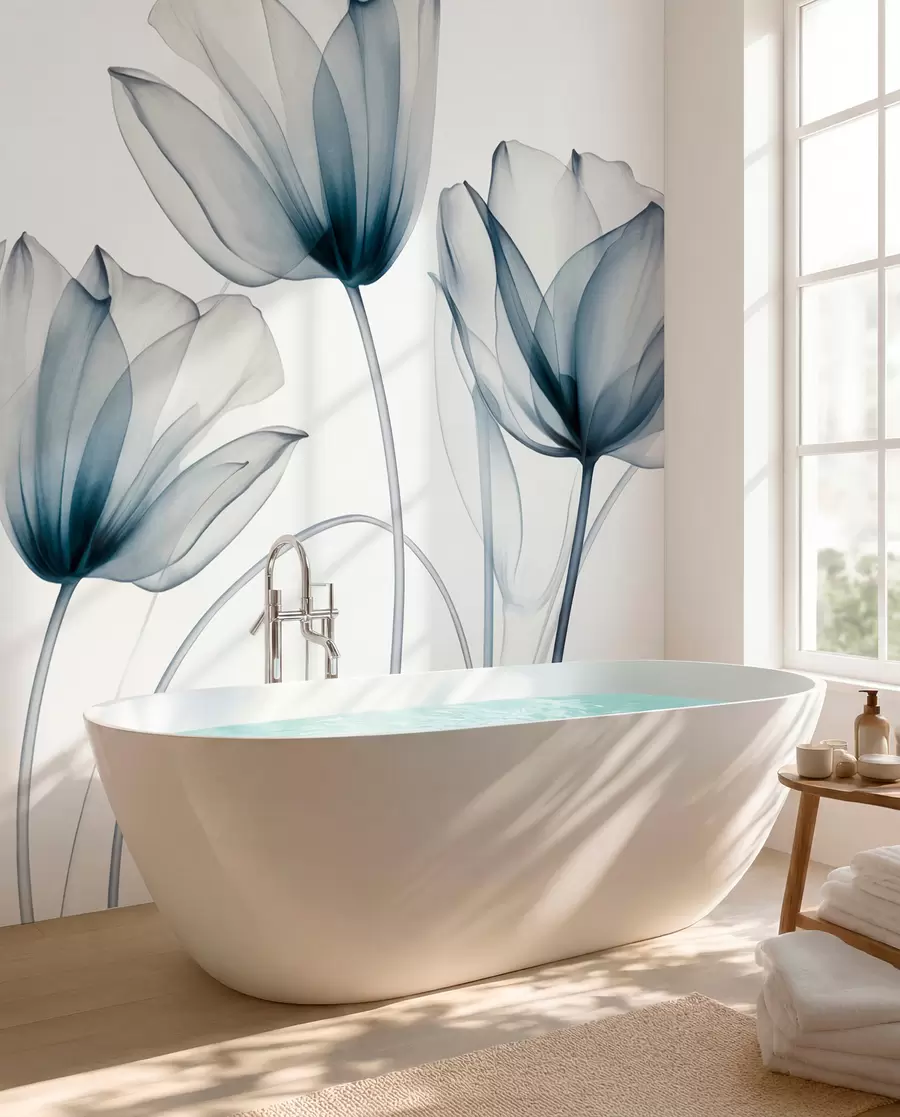 murales de pared Flores de tulipán translúcidas de color azul y blanco con tallos largos, sobre un fondo claro, delicadas y con textura, arte floral w09538