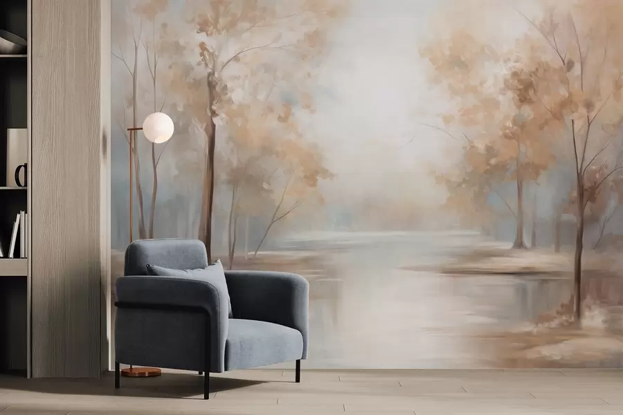 murales de pared Paisaje otoñal con árboles y un río, colores suaves, atmósfera ligera y aireada, escena pacífica y tranquila w09541