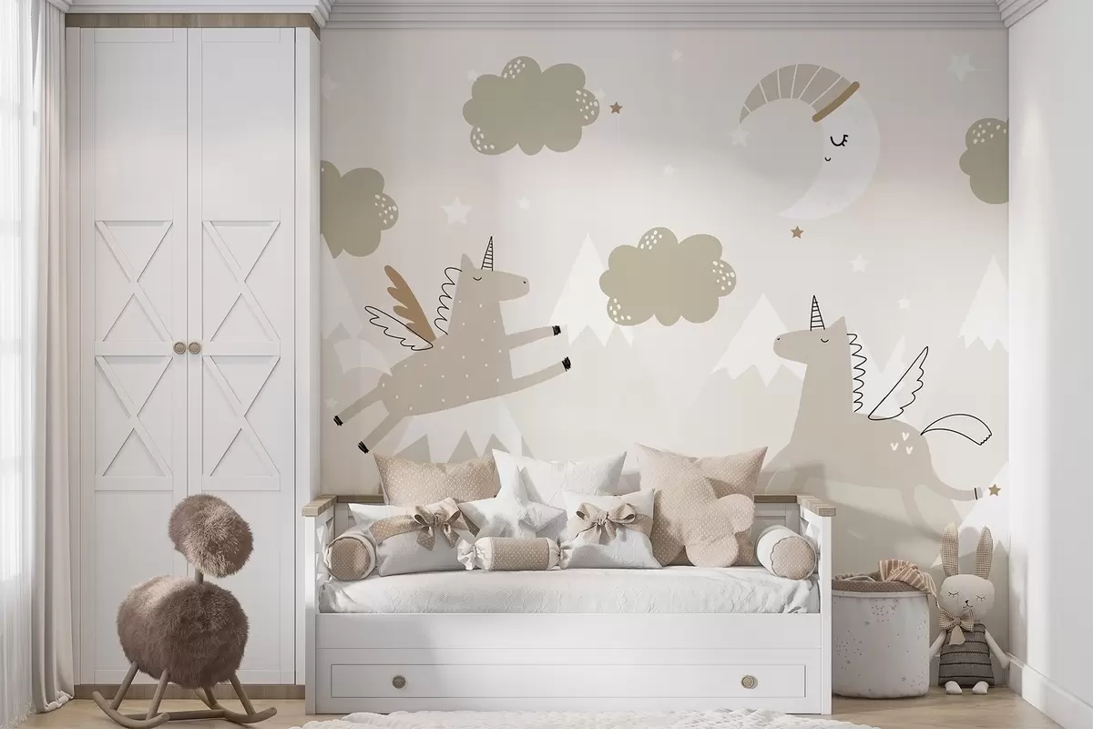 murales de pared Luna dormida, unicornios y globos w04886