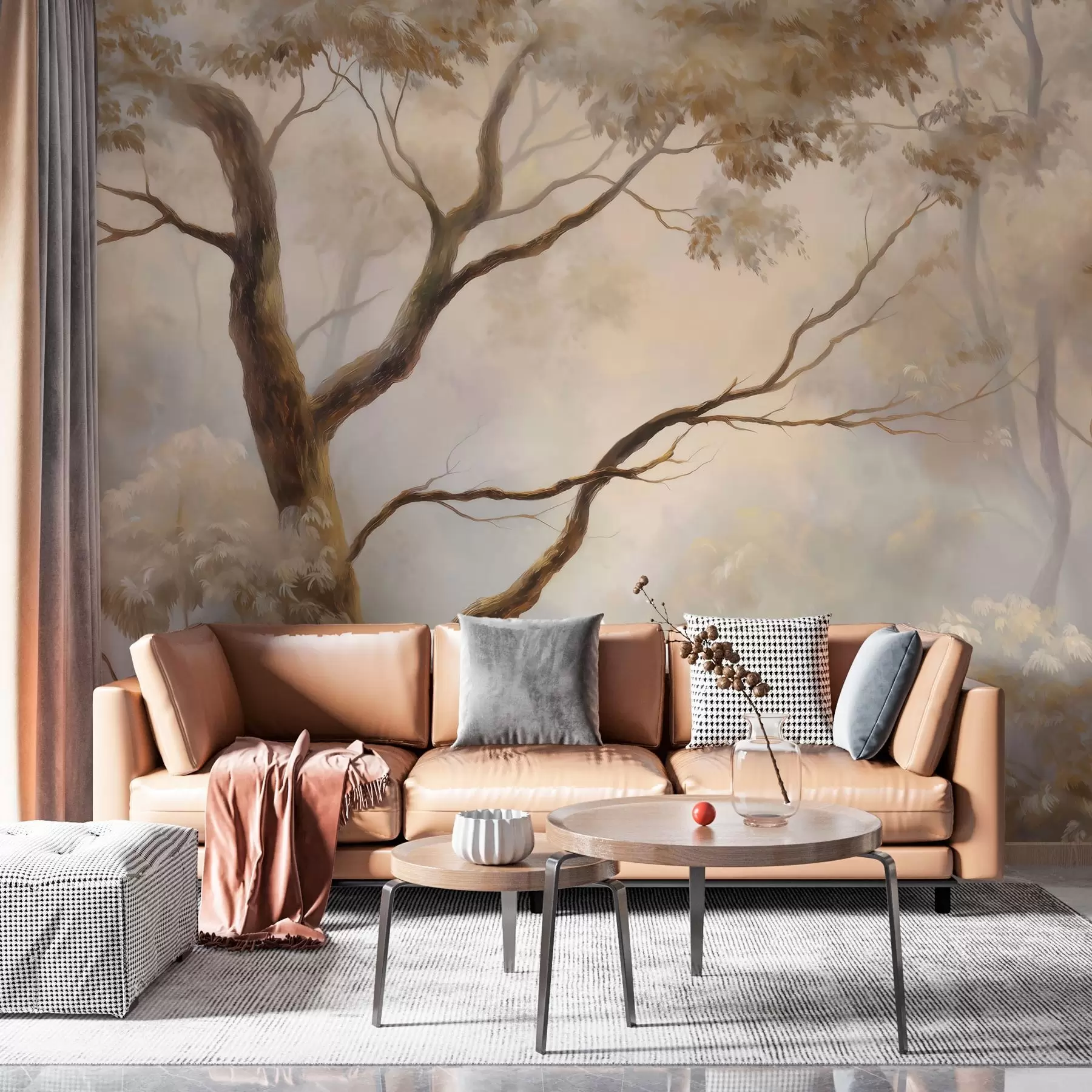 murales de pared El bosque envuelto en la ligera niebla matinal. Una delicada pintura atmosférica al estilo de un paisaje artístico w04817