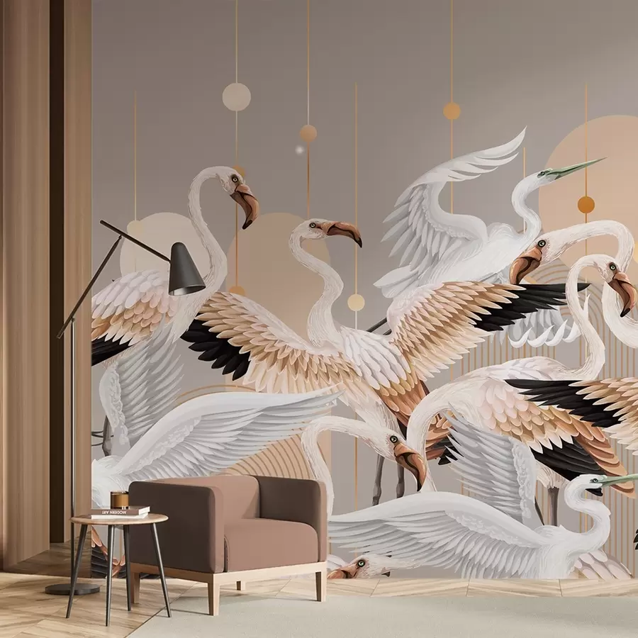 murales de pared Una bandada de flamencos blancos con delicadas alas, sobre un fondo neutro con líneas y círculos amarillos w09546v1
