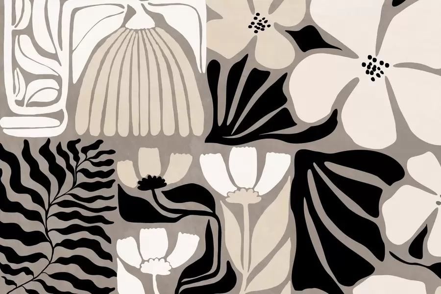 murales de pared Flores y hojas estilizadas de estilo minimalista moderno en beige, negro y blanco, con textura sobre fondo gris w09547