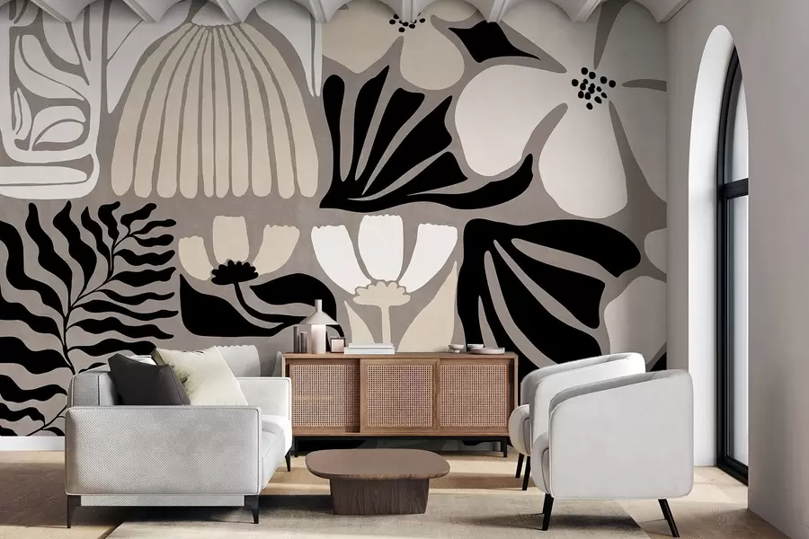 murales de pared Flores y hojas estilizadas de estilo minimalista moderno en beige, negro y blanco, con textura sobre fondo gris w09547