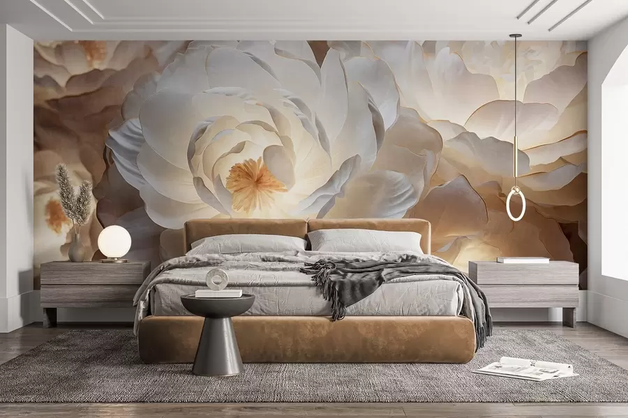 murales de pared Grandes flores de peonía blancas con centros amarillos, iluminación suave y pétalos delicados con textura en capas w09550