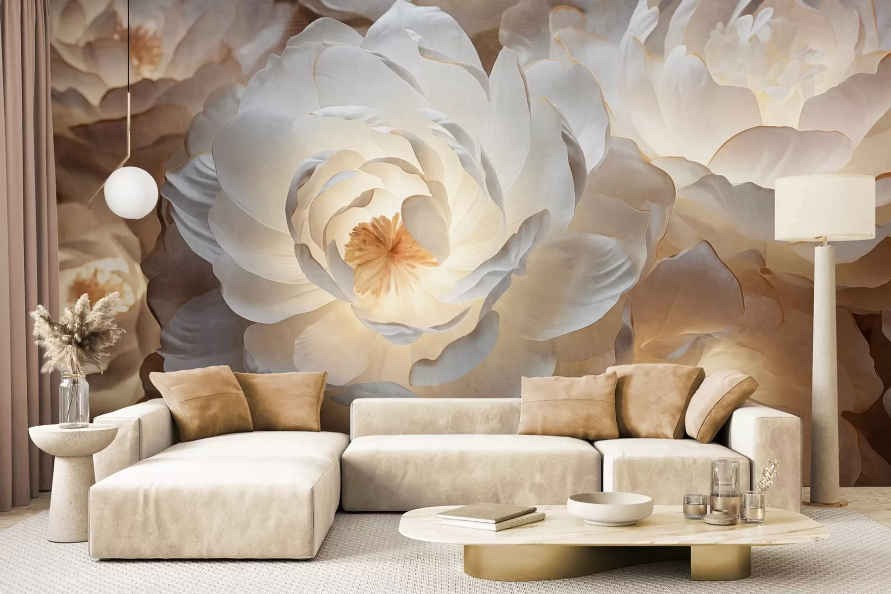 murales de pared Grandes flores de peonía blancas con centros amarillos, iluminación suave y pétalos delicados con textura en capas w09550