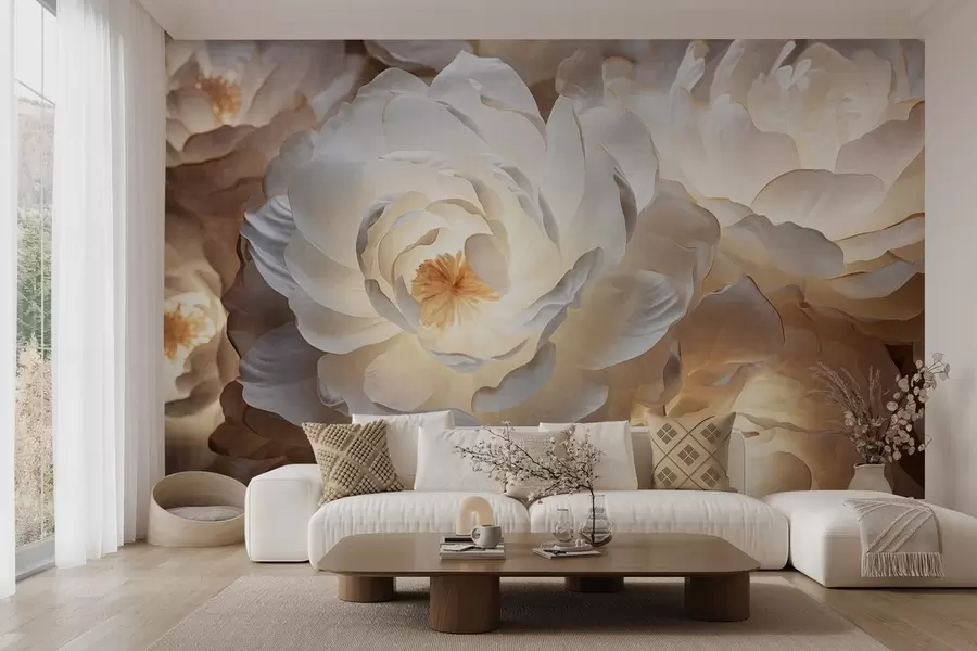 murales de pared Grandes flores de peonía blancas con centros amarillos, iluminación suave y pétalos delicados con textura en capas w09550