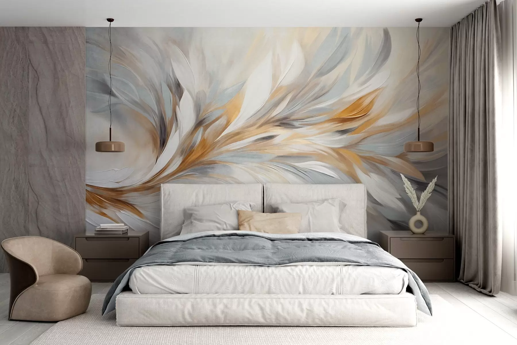 murales de pared Estilo de pintura abstracta con pinceladas texturizadas en blanco, amarillo y gris sobre un fondo suave y claro w09552