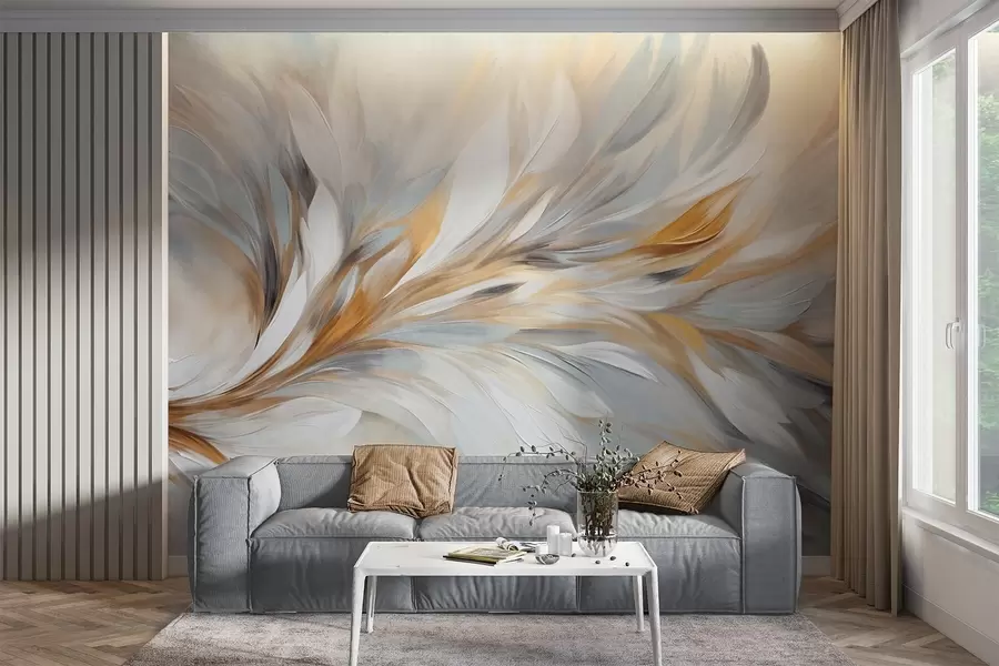 murales de pared Estilo de pintura abstracta con pinceladas texturizadas en blanco, amarillo y gris sobre un fondo suave y claro w09552