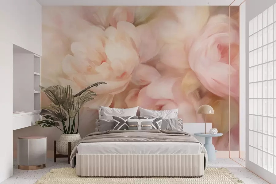murales de pared Peonías difuminadas en rosa pálido y crema con suaves pinceladas pictóricas, creando un arreglo floral con textura w09556