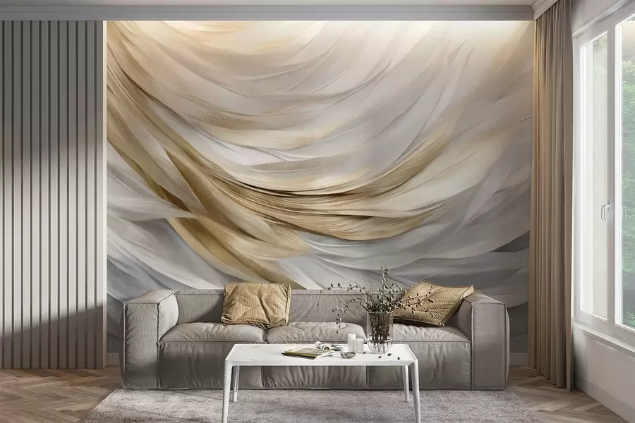 murales de pared Plumas abstractas con textura en blanco, gris y amarillo, creando un patrón fluido y en capas sobre un fondo claro w09557