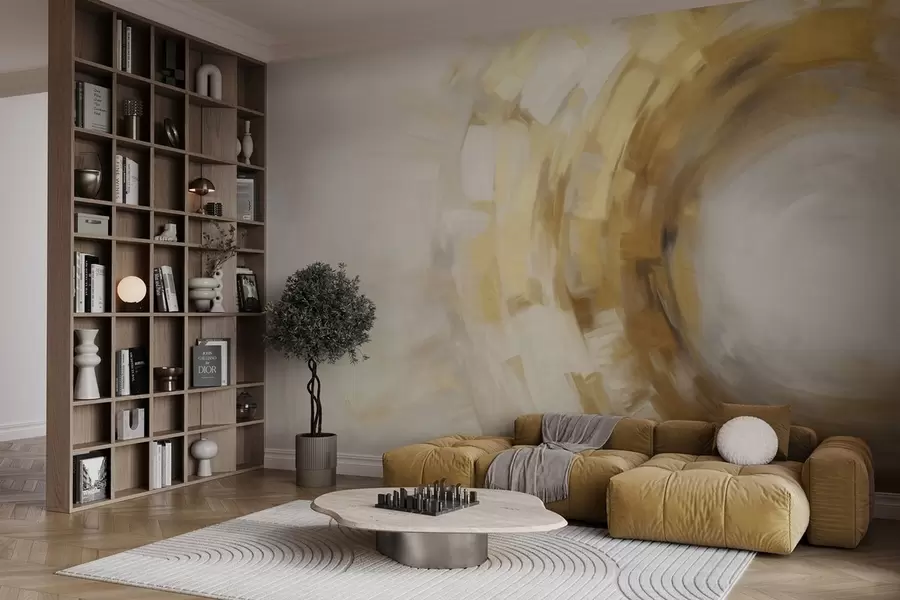 murales de pared Imitación de pintura abstracta con pinceladas circulares texturizadas en amarillo y blanco, creando una sensación de movimiento w09558