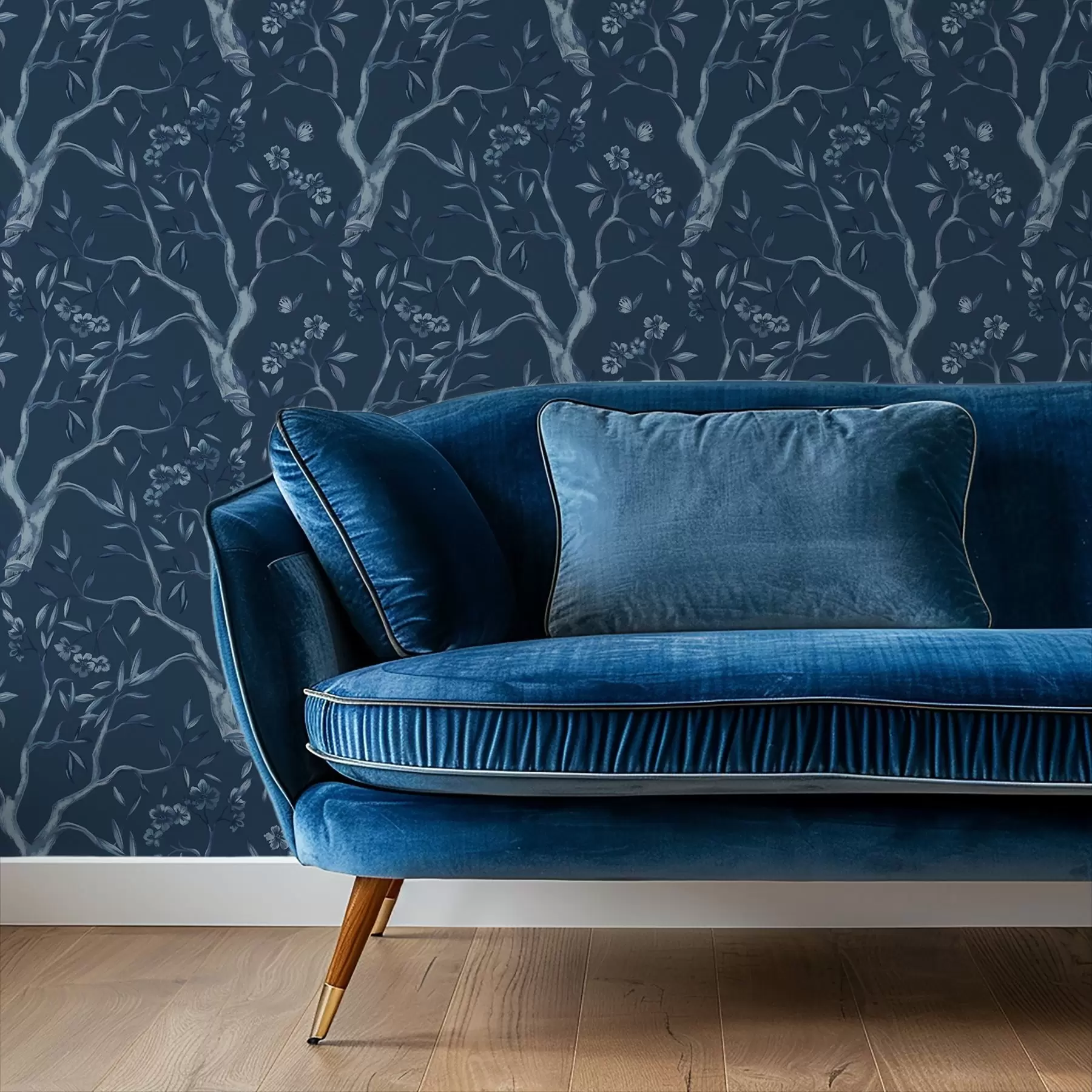 murales de pared Ramas con flores azules y mariposas sobre fondo oscuro a00951v1