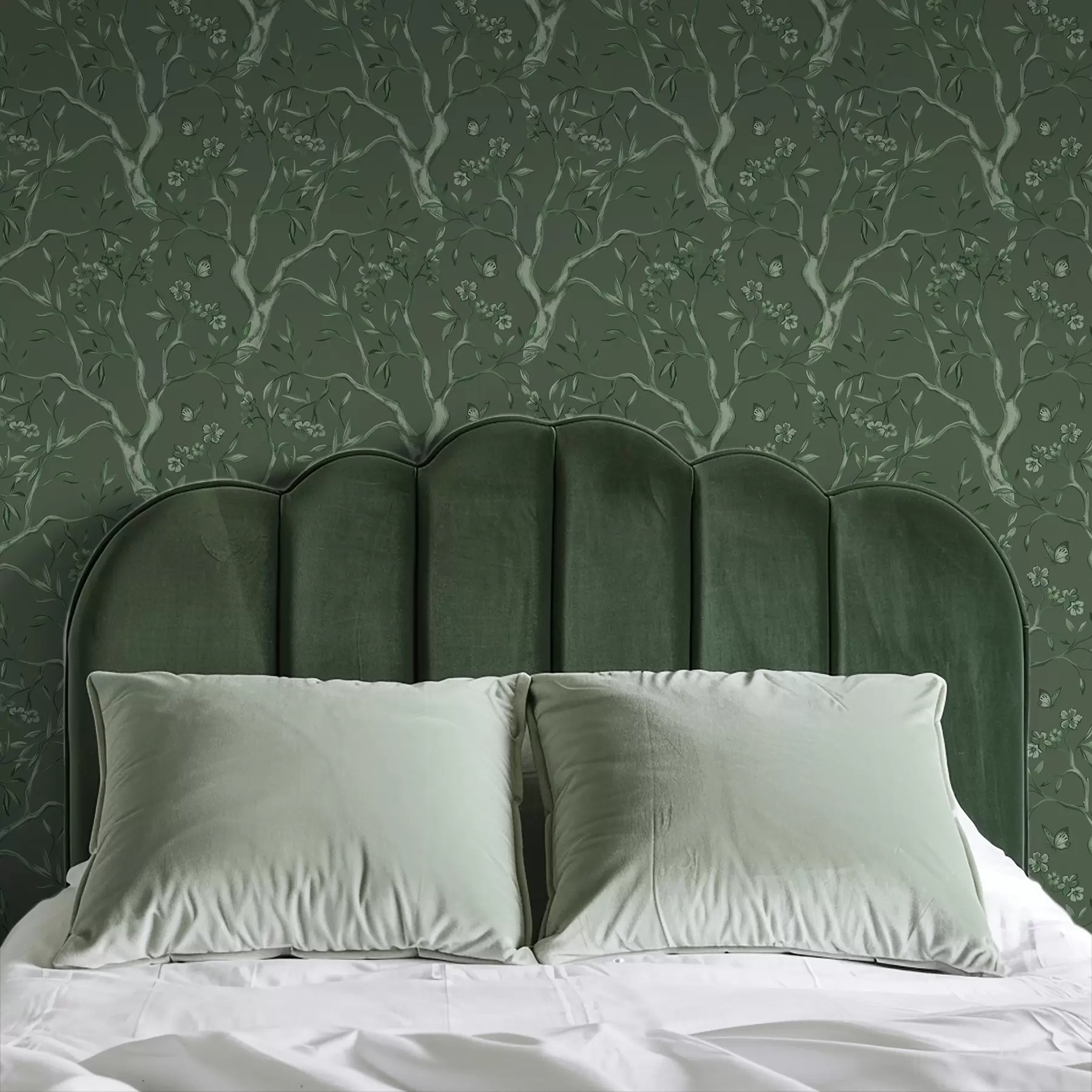 murales de pared Ramas con flores verdes y mariposas sobre un fondo oscuro a00951v3