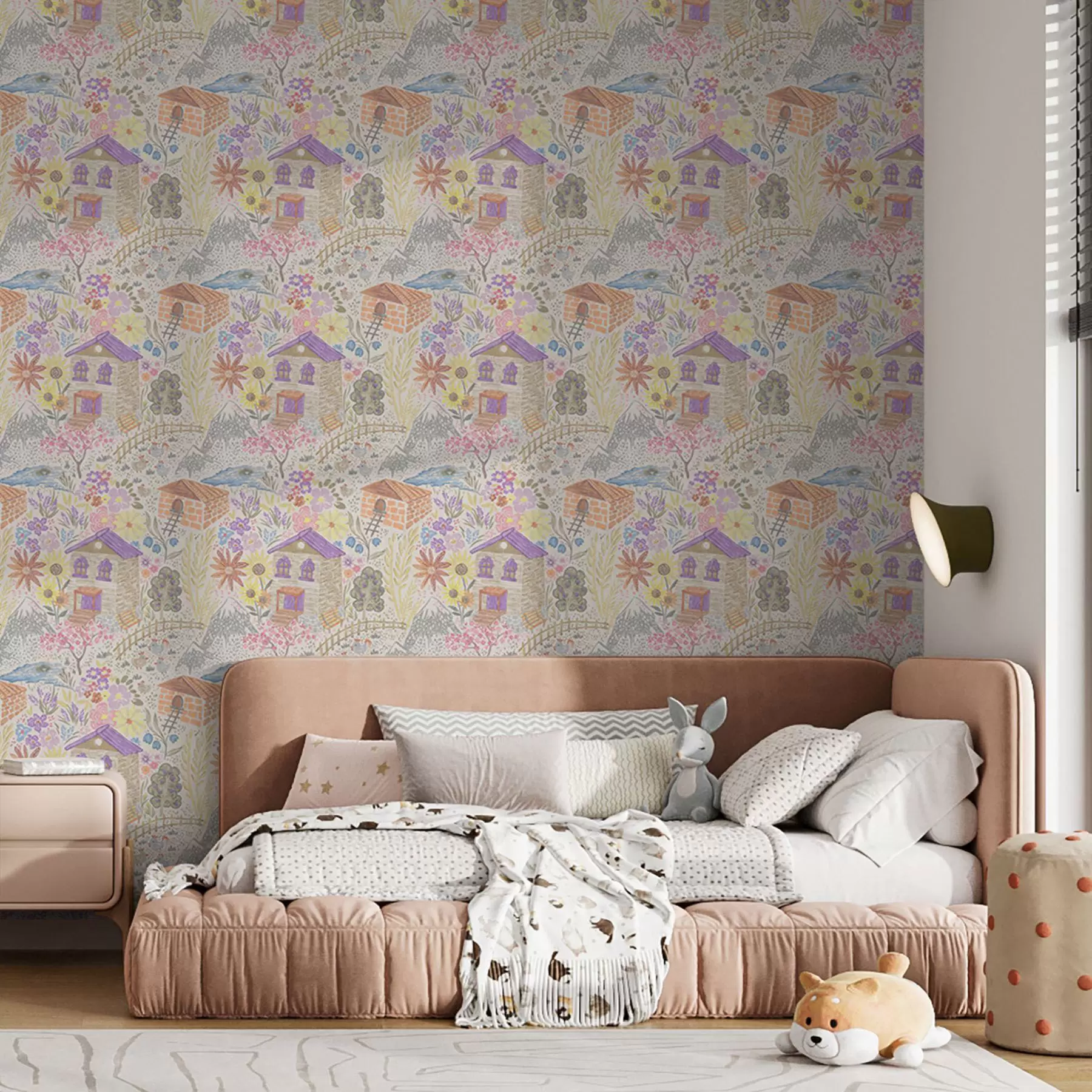 murales de pared Dibujo infantil de un pueblo con una casa, montañas y flores. a00952