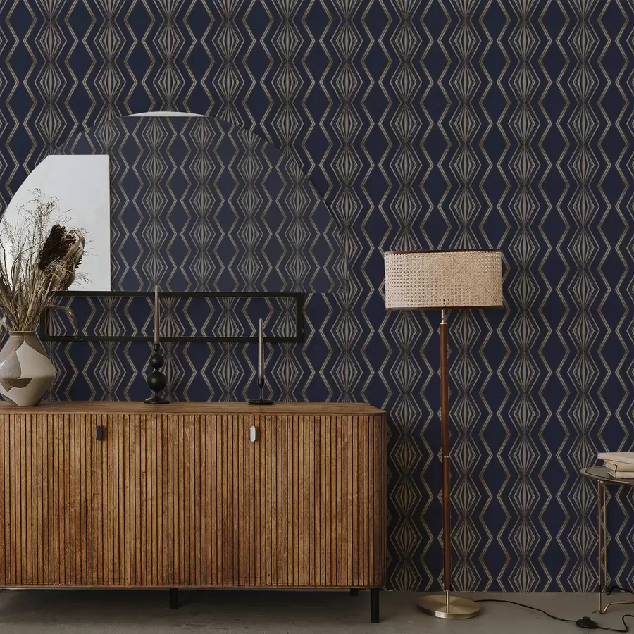 murales de pared Fondo azul oscuro con rombos geométricos y zigzags. a00974v2