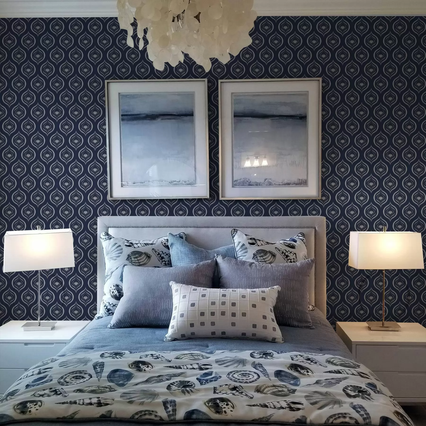 murales de pared Motivos de gotas contrastantes con una flor sobre un fondo azul marino oscuro a00977v1