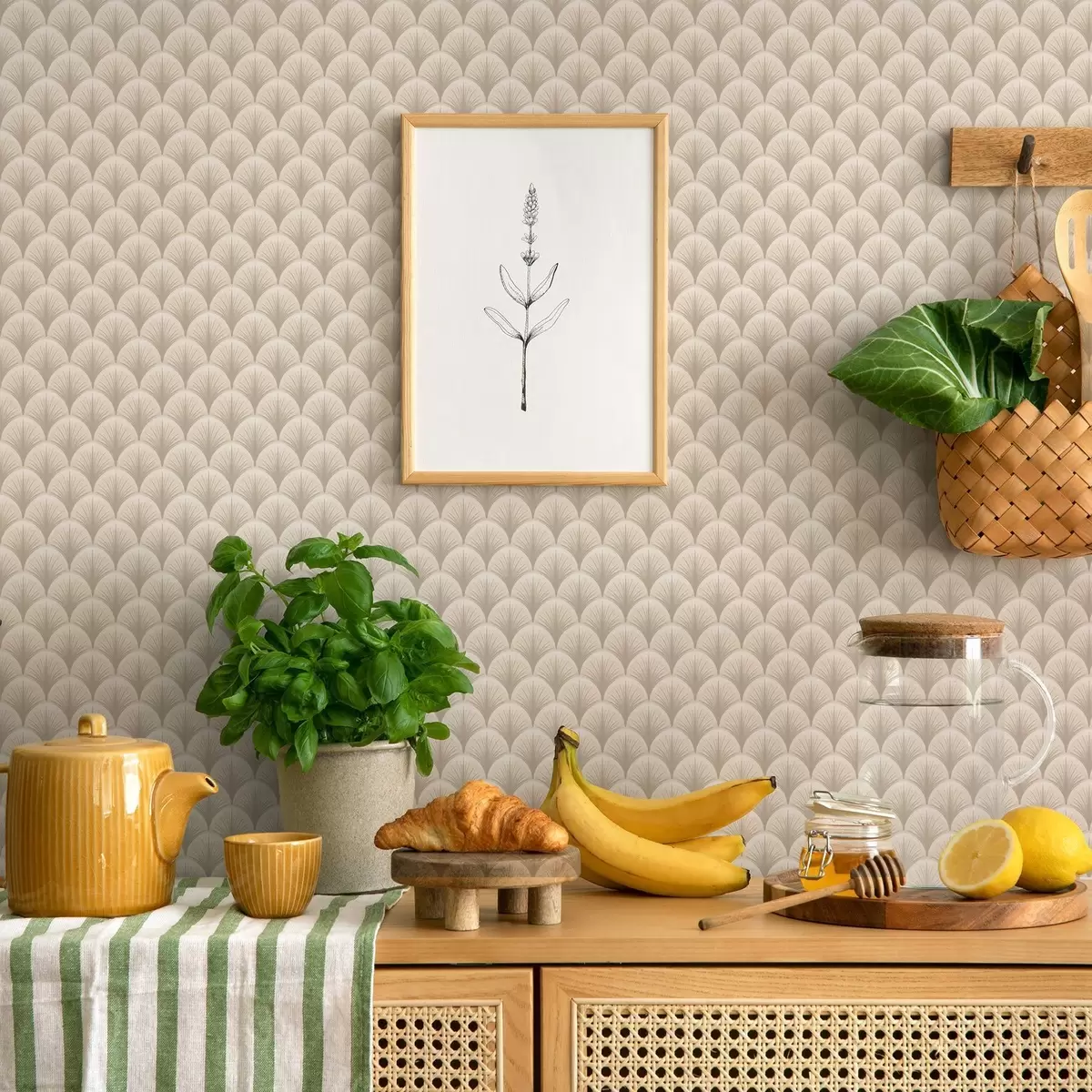 Papel pintado Arcos de abanico beige con rayos finos sobre un fondo claro. a00978