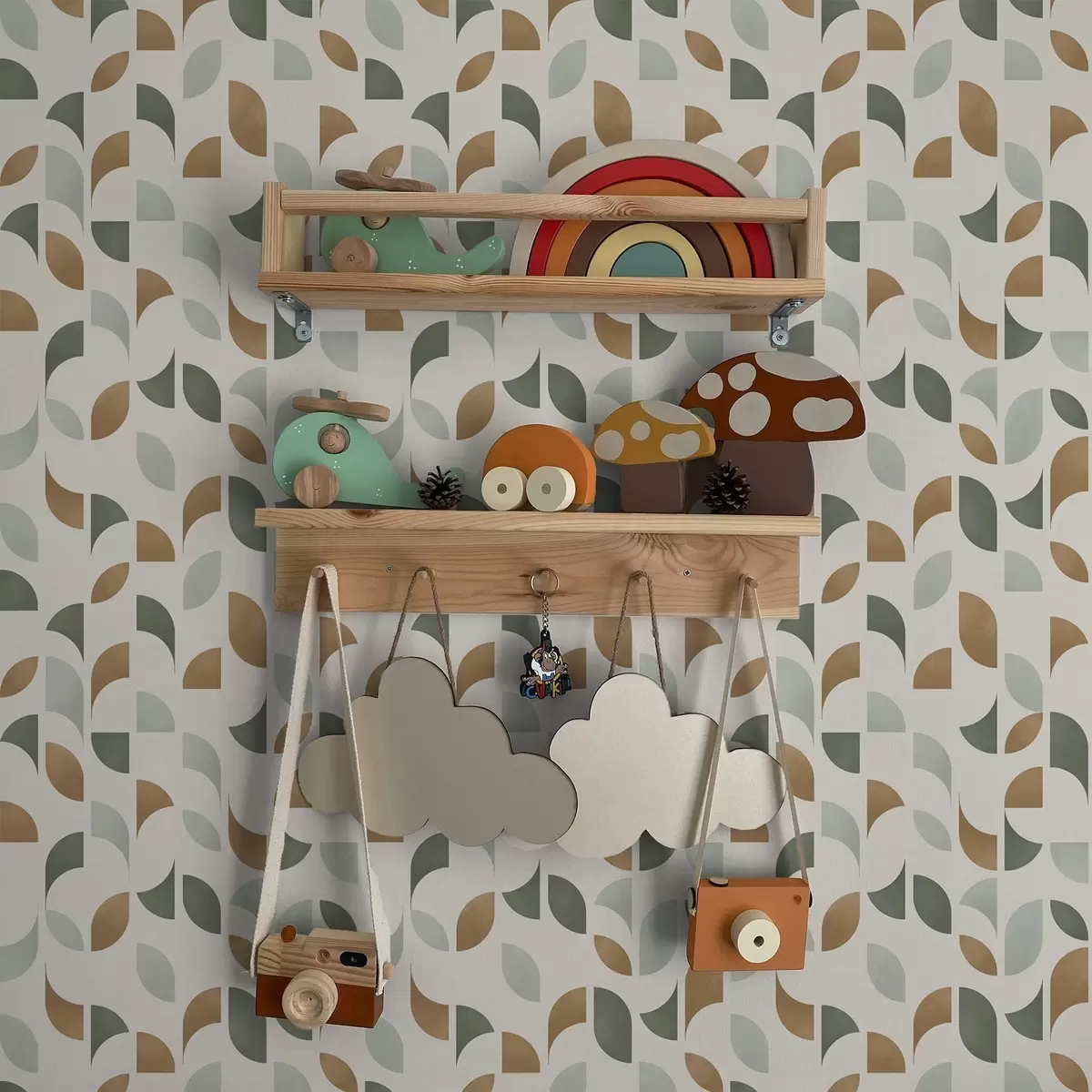 Papel pintado Medios círculos y hojas abstractos en verde y terracota. a00985