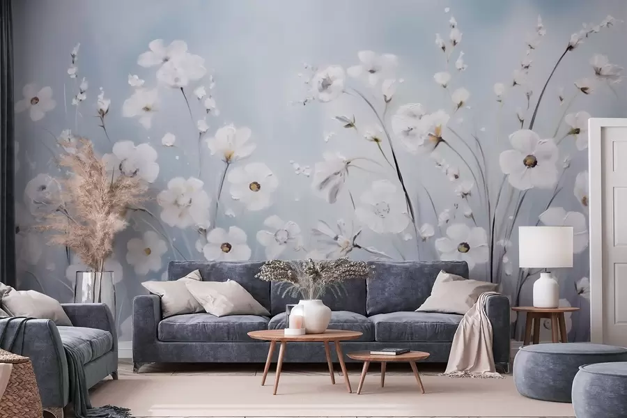 murales de pared Flores blancas contra un cielo azul en estilo pintura al óleo w09516