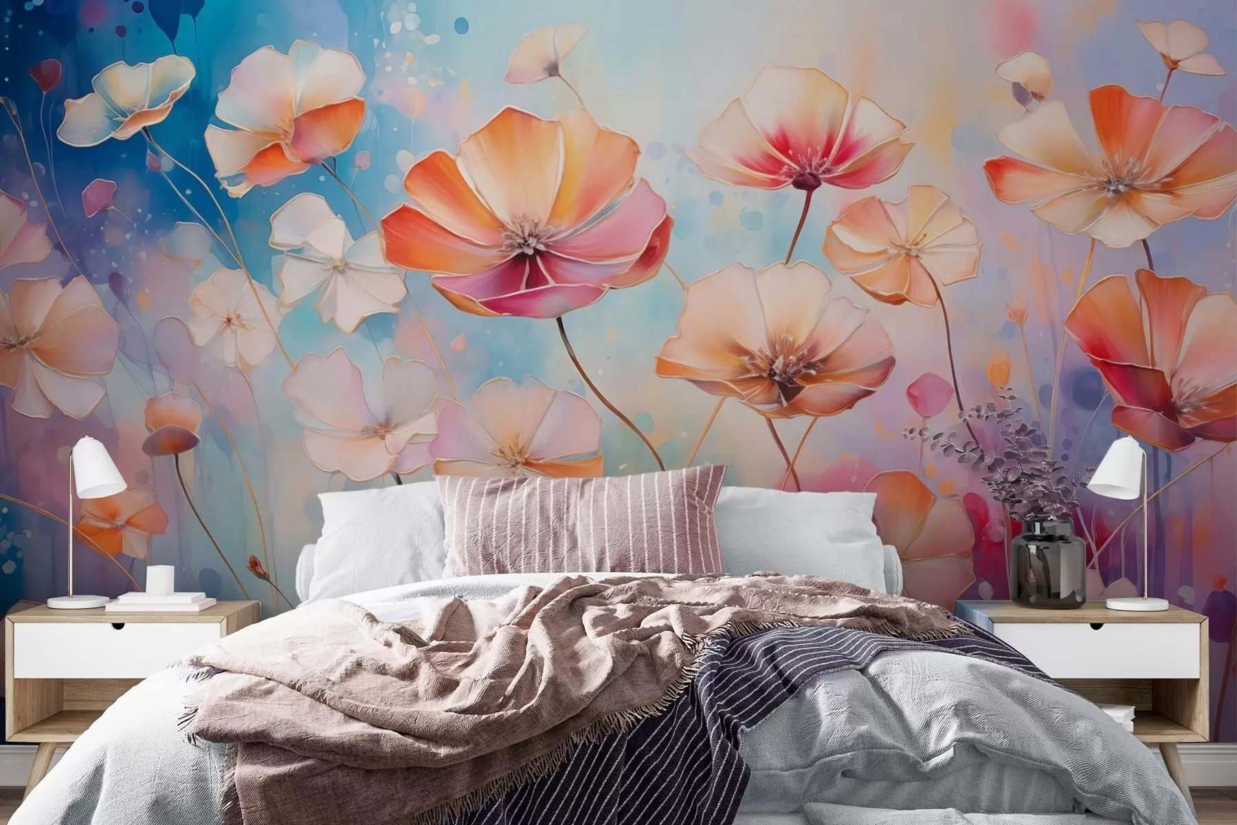 murales de pared Flores silvestres brillantes en estilo acuarela salpicada w09521