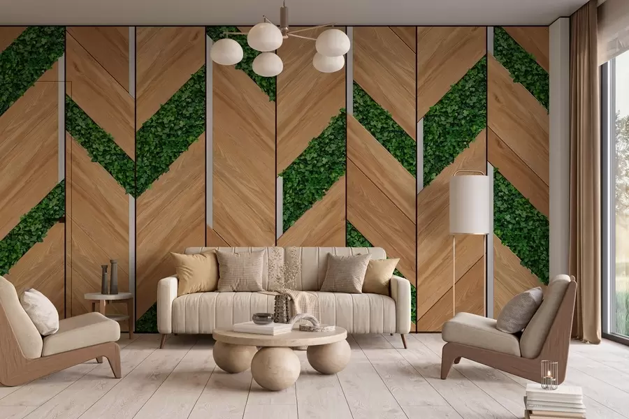murales de pared imitación de paneles de madera clara con inserciones vegetales w04875