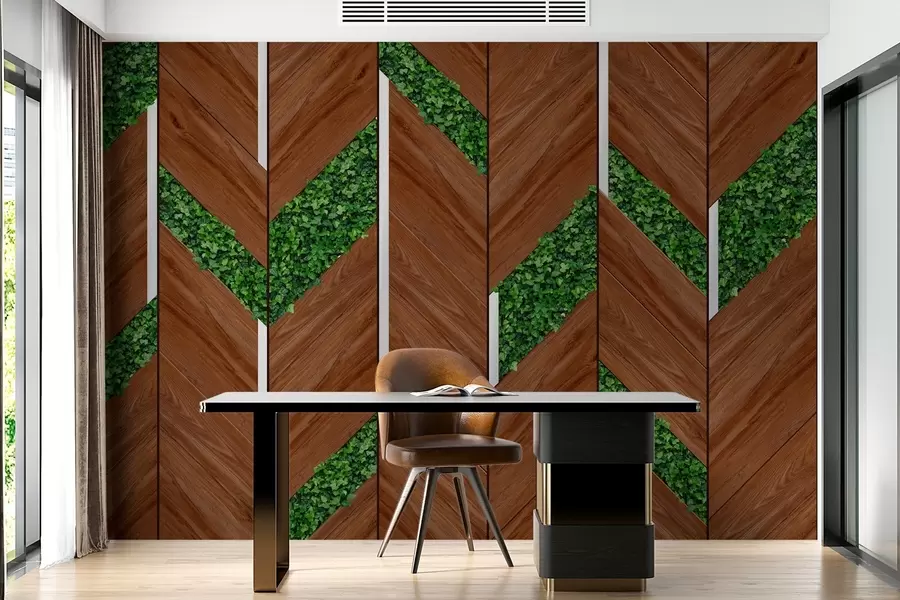 murales de pared imitación de paneles de madera oscura con inserciones vegetales w04875v1