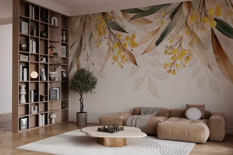 murales de pared flores y hojas de mimosa cayendo desde arriba en estilo acuarela w04880