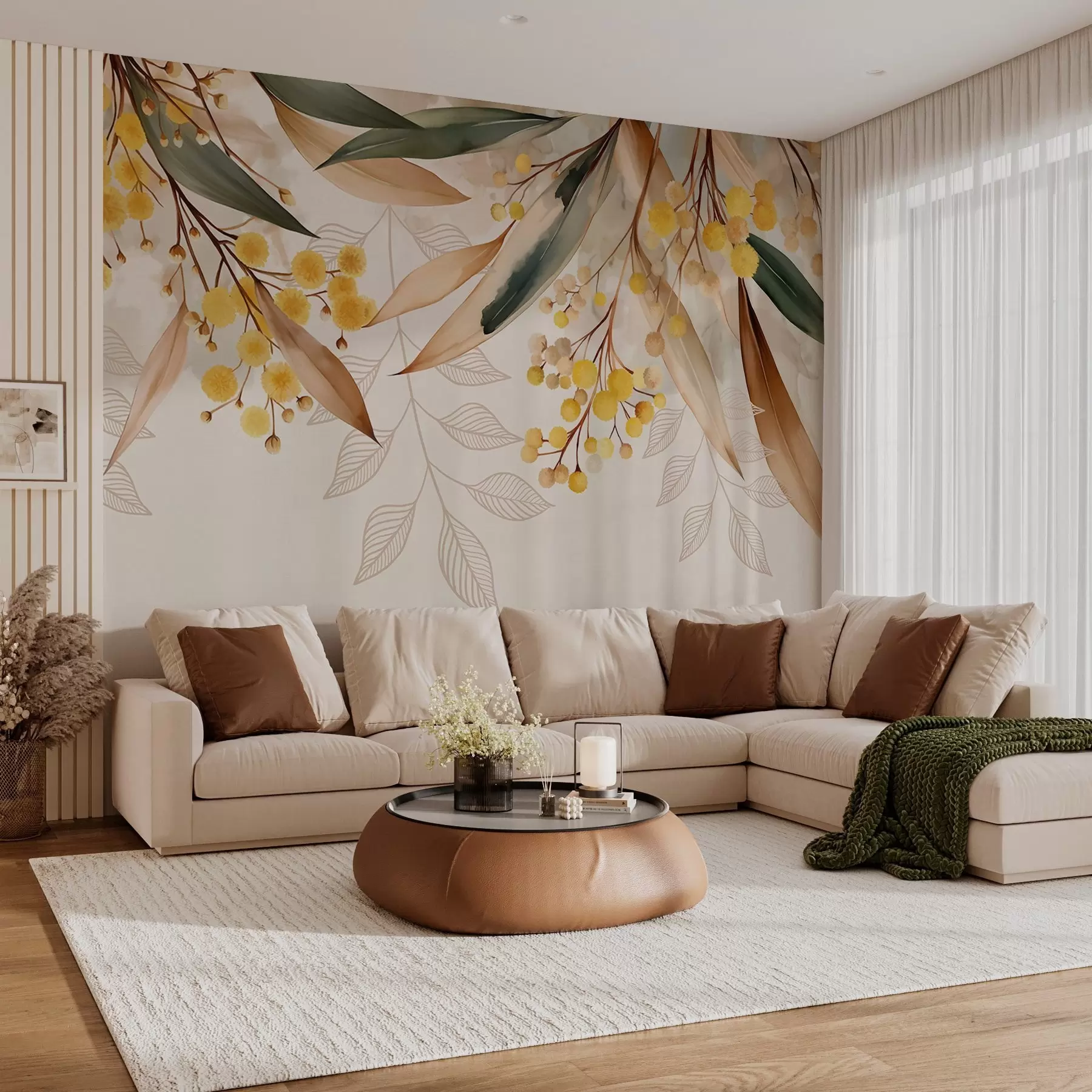 murales de pared flores y hojas de mimosa cayendo desde arriba en estilo acuarela w04880