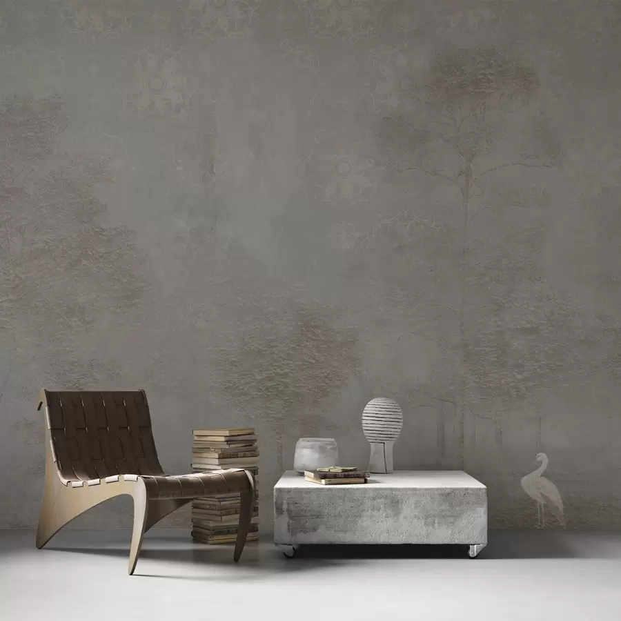 murales de pared Bosque brumoso con una garza y un patrón ornamental encima w04953v1