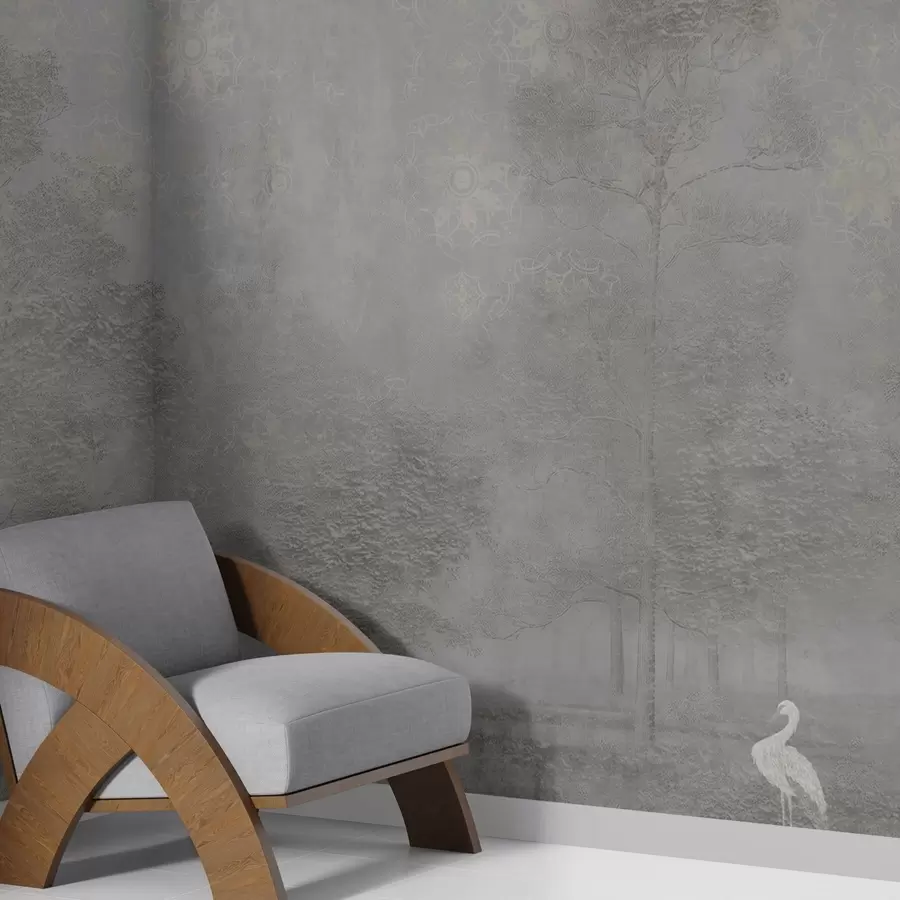 murales de pared Bosque ligero y brumoso con una garza en tonos grises fríos w04953v2
