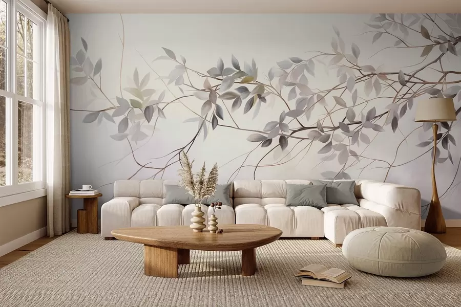 murales de pared Ramas de textura delicada con hojas en tonos grises, morados y verdes apagados sobre un fondo suave y difuminado w09336