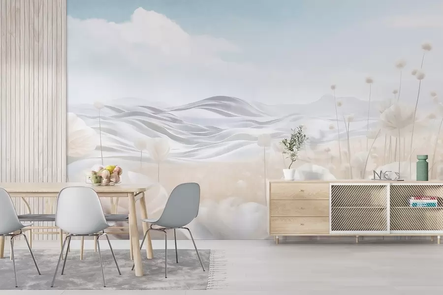 murales de pared Campo texturizado de amapolas cremosas con colinas onduladas bajo un cielo azul pálido con nubes suaves, colores pastel. w09553