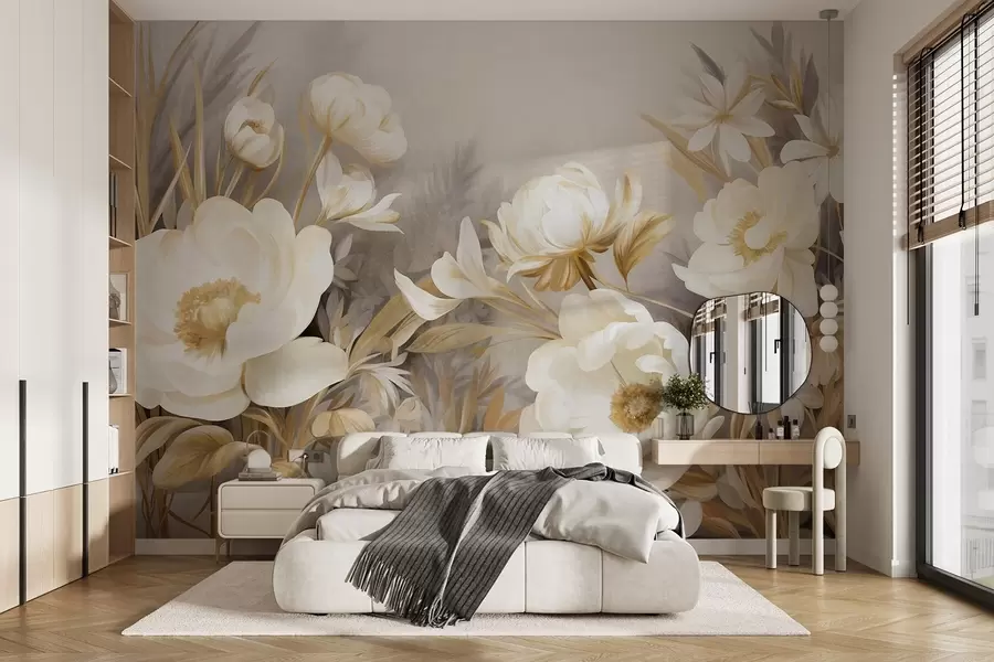 murales de pared Peonías blancas y amarillas y otras flores con hierba alta y hojas en un estilo suave y pictórico con textura w09494