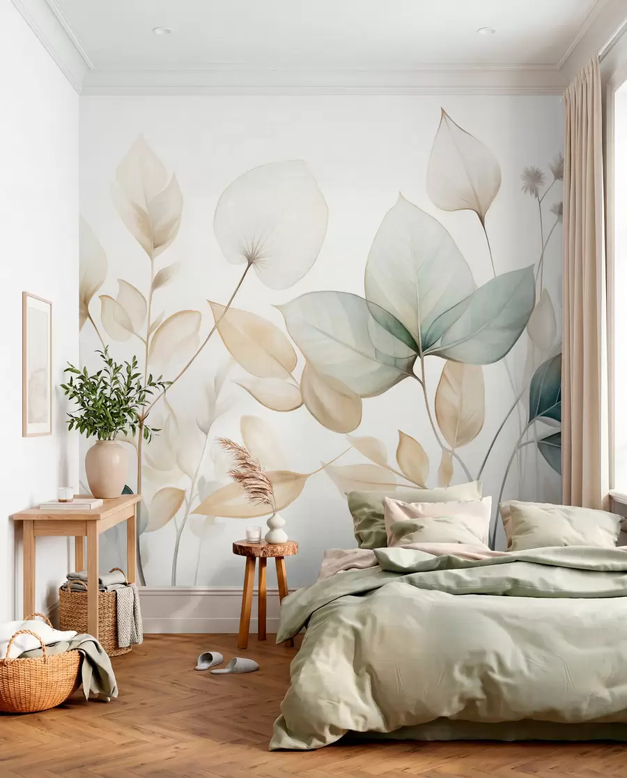 murales de pared Hojas translúcidas con textura en tonos apagados de beige y verde azulado, con tallos delicados sobre un fondo suave y claro w09583