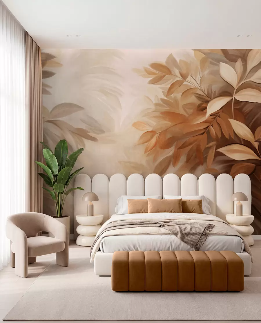 murales de pared Hojas marrones y beige con un follaje de textura suave y difuminada, en un estilo pictórico con pinceladas visibles w09584