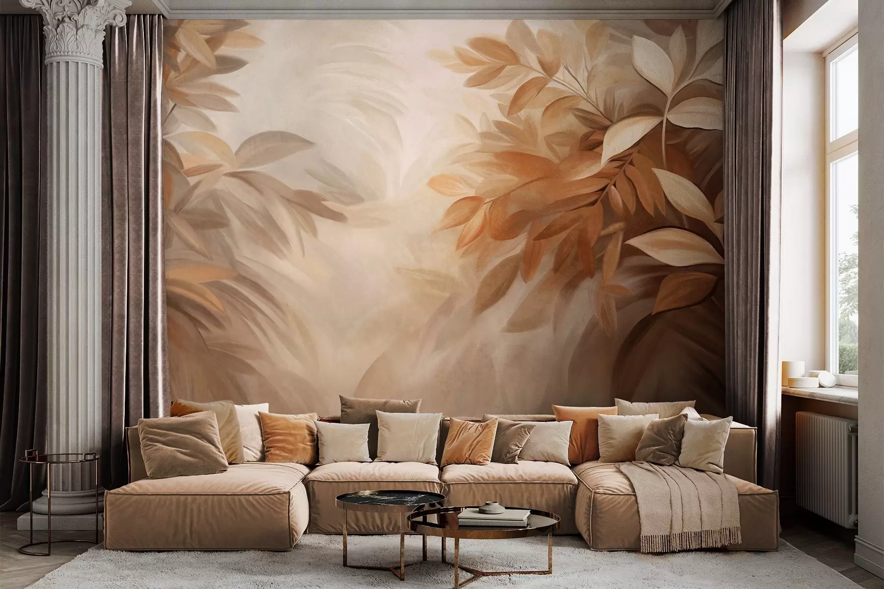 murales de pared Hojas marrones y beige con un follaje de textura suave y difuminada, en un estilo pictórico con pinceladas visibles w09584