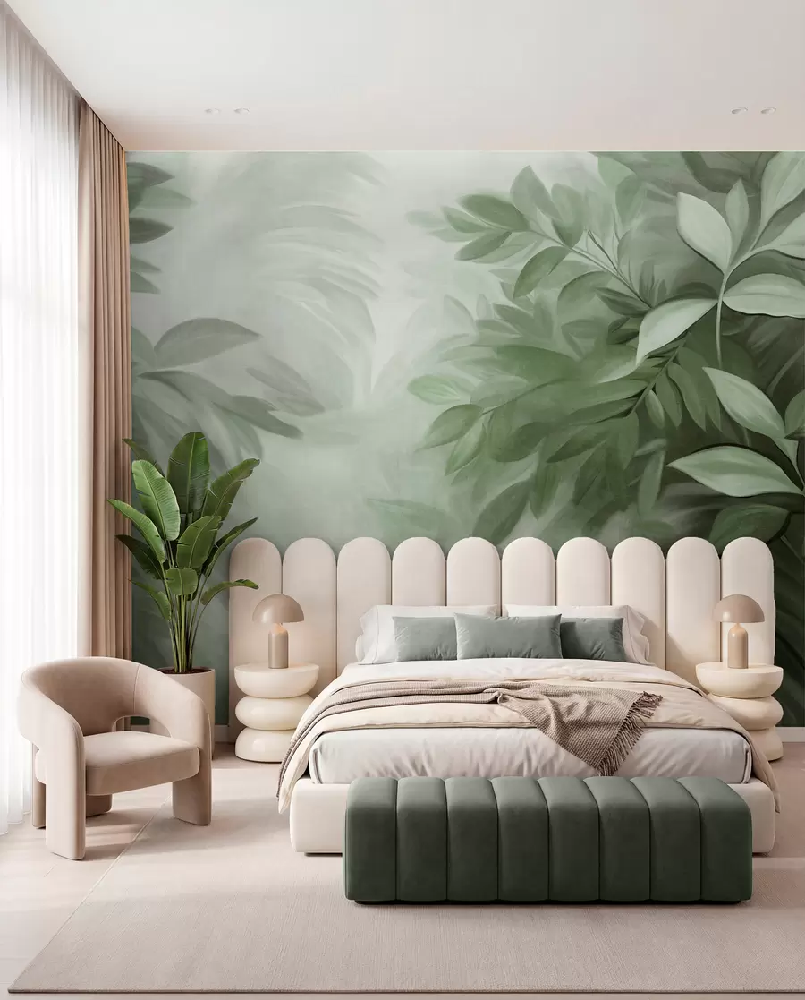 murales de pared Hojas verdes y grises con un follaje de textura suave y difuminada, en un estilo pictórico con pinceladas visibles w09584v1