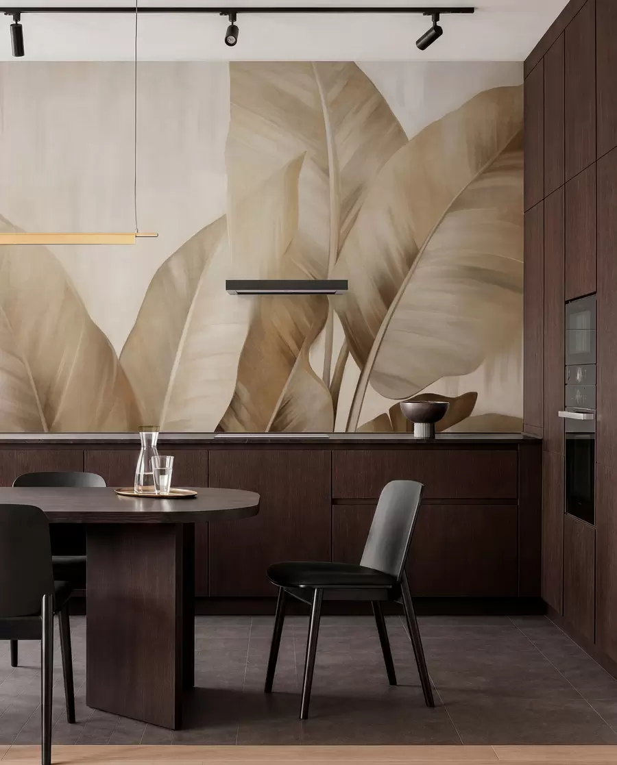 murales de pared Hojas de plátano grandes y texturizadas de color marrón claro sobre un fondo beige claro, con una estética suave y minimalista w09586