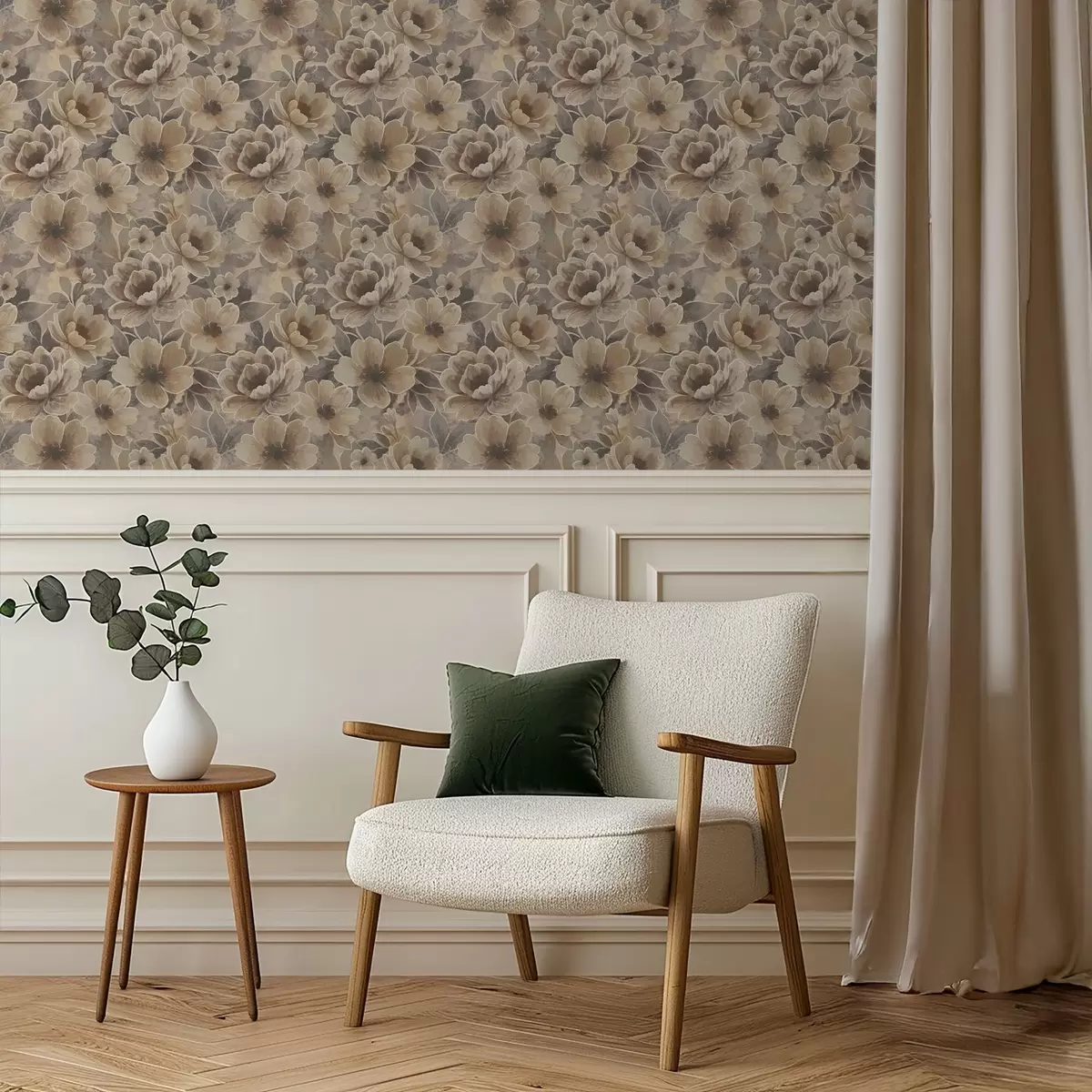 Papel pintado Flores pintadas en color beige sobre un fondo abstracto ahumado. a00884