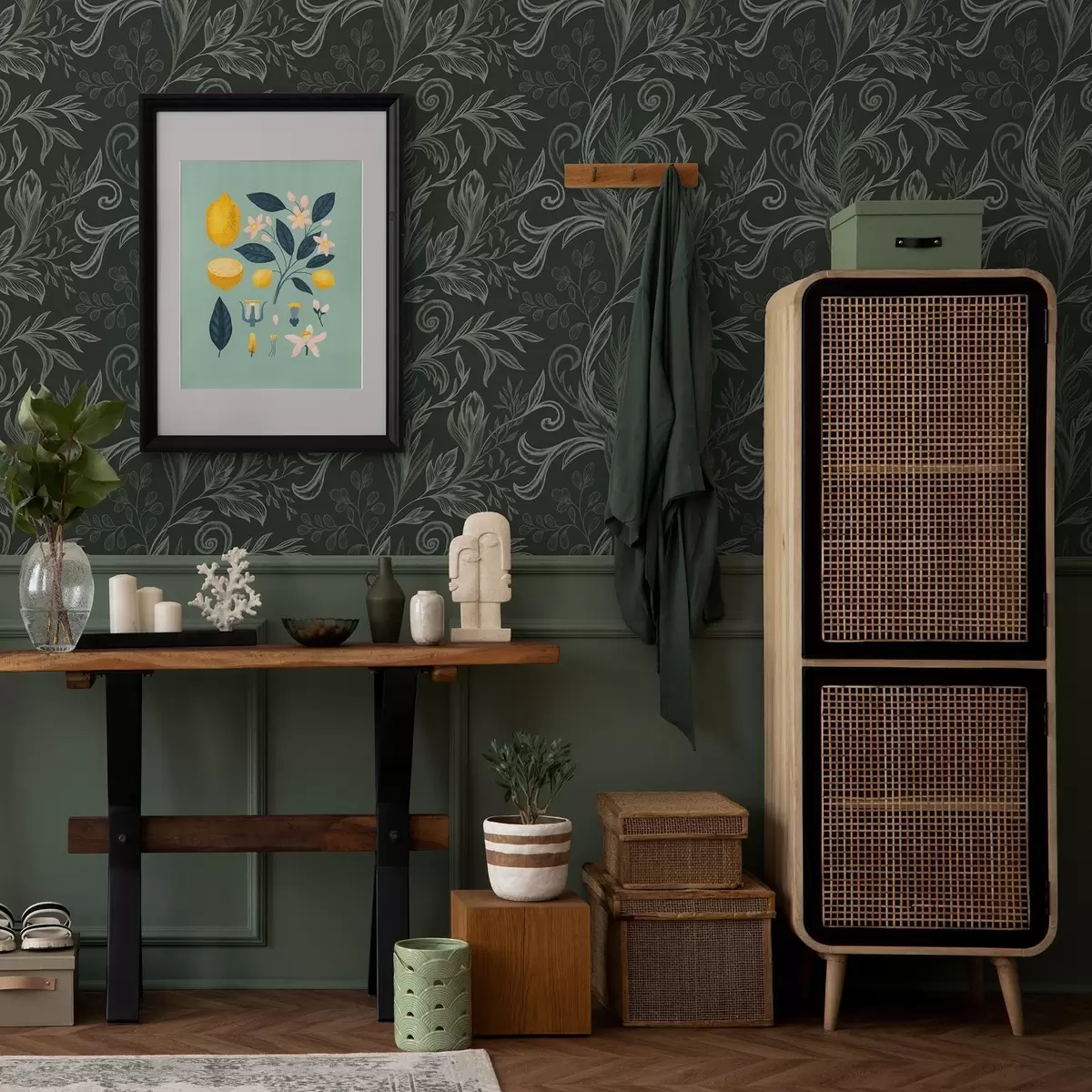 Papel pintado Hojas rizadas de bosque profundo en tonos verdes calcáreos. a00935v2