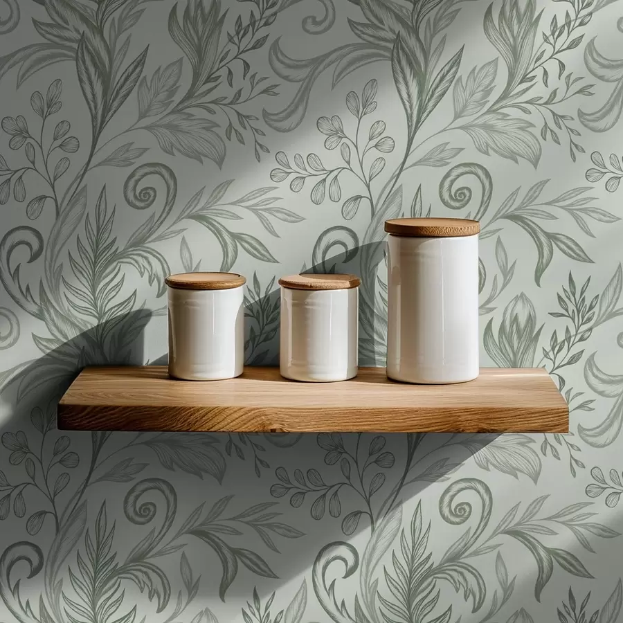 murales de pared Hojas rizadas de menta suave con delicadas líneas gris verdosas a00935v3