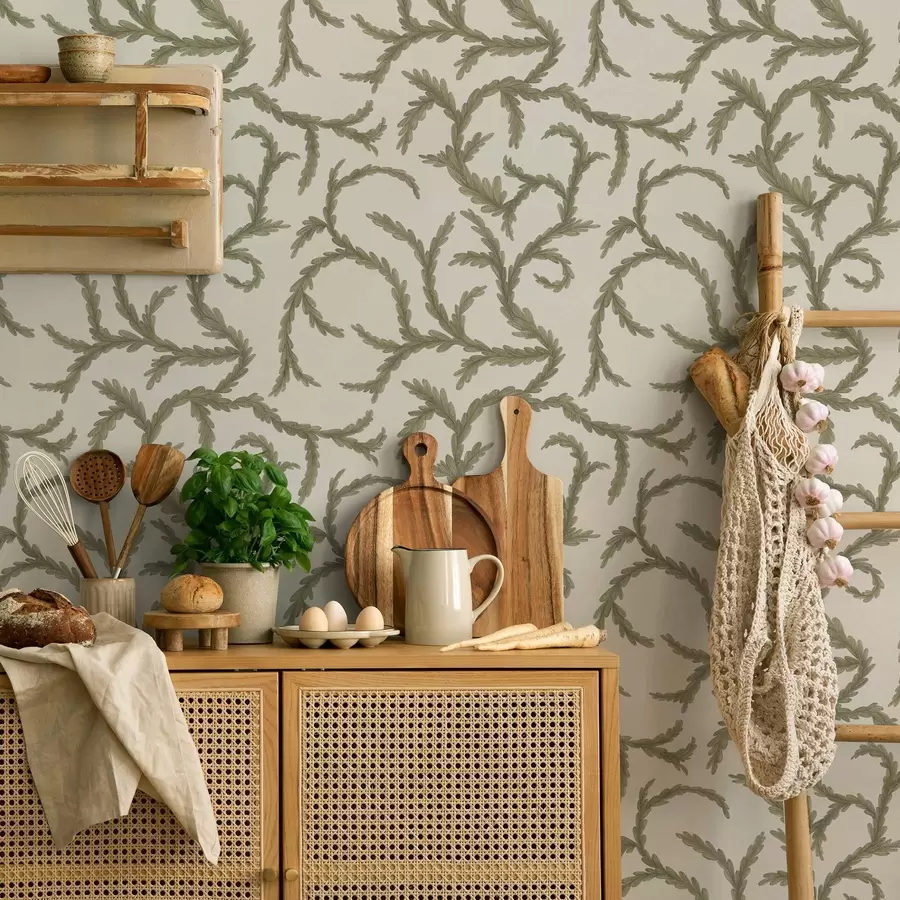 murales de pared Suaves rizos verdes de coníferas sobre un fondo claro a00938