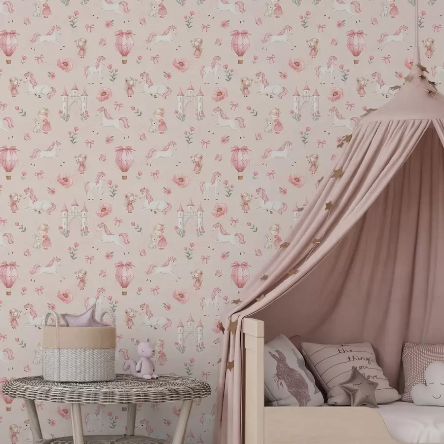 murales de pared Unicornios rosas, niñas pequeñas y un castillo sobre un fondo suave. a00957